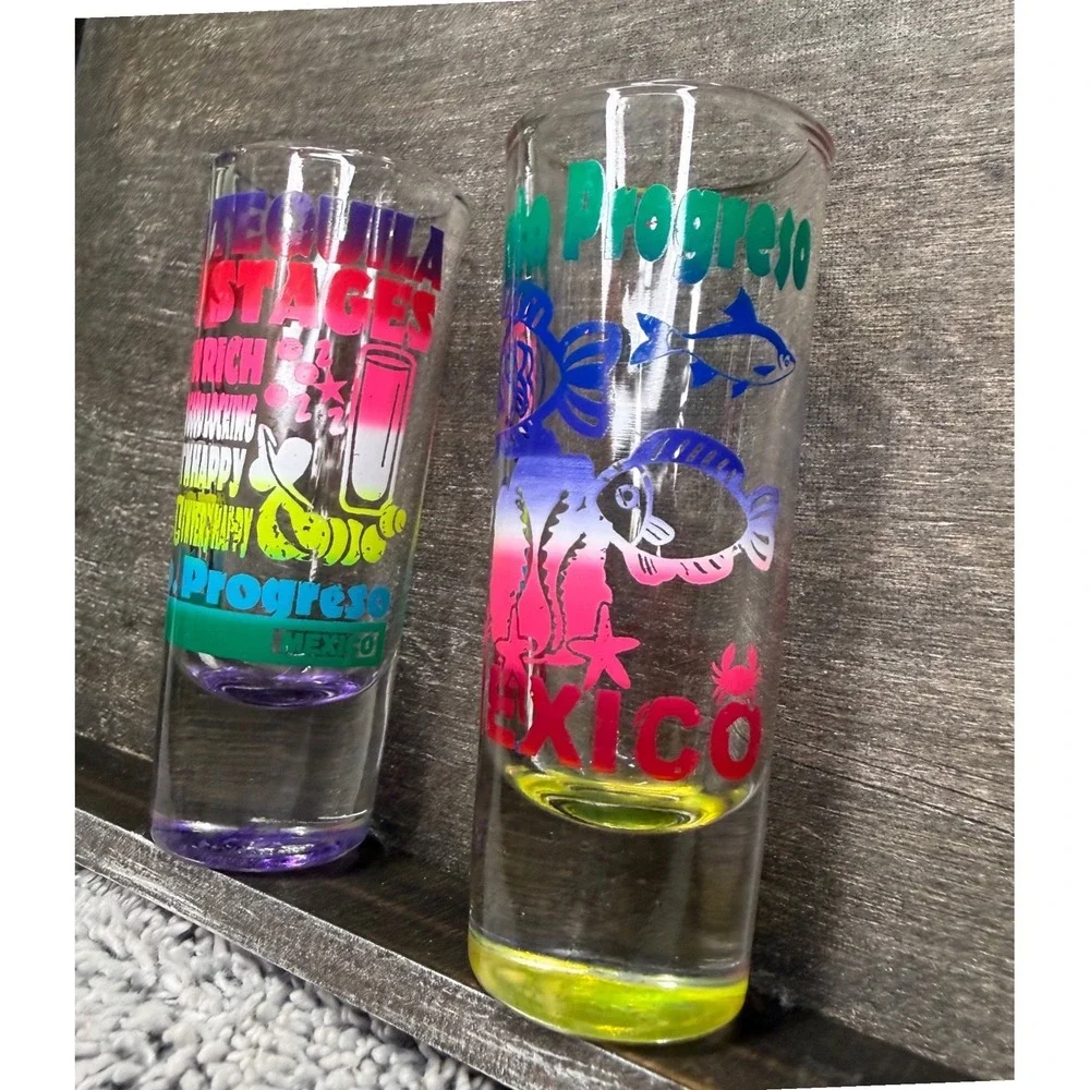 Mexico Souvenir Shot Glasses Santos Puerto Progreso Neon 4 Tequila Stages Set 2
